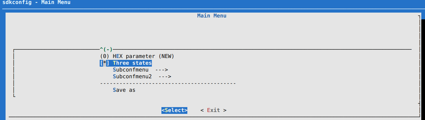 简化后的主菜单界面：顶部显示 sdkconfig - Main Menu，列出 HEX parameter、Three states、Subconfmenu、Subconfmenu2 与 Save as